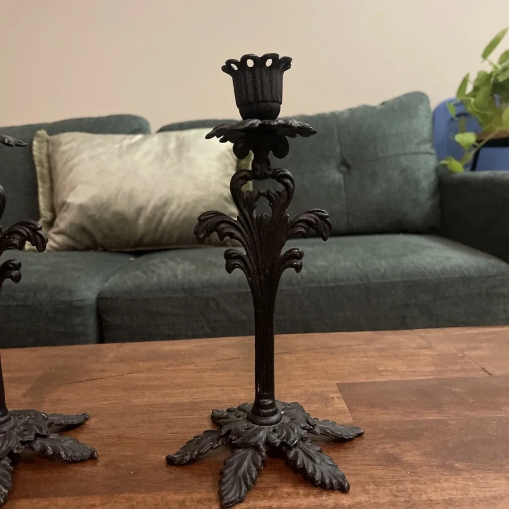 2 Vtg Cast Iron Art LB58 Ornate Taper Candlestick Candle Holder Art Nouveau Goth